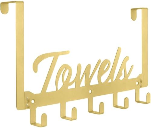 Azmoncy Over The Door Hooks - Heavy Duty Towel Rack with 5 Coat Hooks for Bedroom Kitchen, Gold Bathroom Decor by Azmoncy