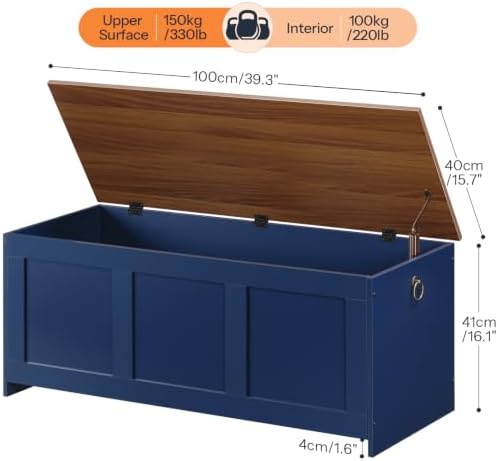 HOOBRO Storage Bench, 39.3" Retro Wooden Storage Chest, Wooden Storage Trunk, Toy Chest with Lift Top, Multifunctional Entryway Organizer, for Entryway, Living Room, Blue and Walnut UH141CW01G1 - Image 3
