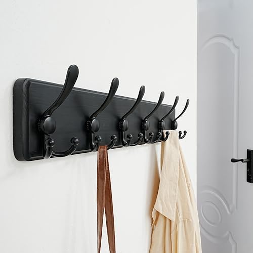 Dseap Coat Rack Wall Mounted - 24" Long 6 Tri Hooks, Heavy Duty Wooden Wall Coat Hanger Coat Hook for Clothes Hat Jacket Clothing, Black, Pack of 2 - Image 5