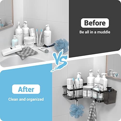 AKTECKE Corner Shower Caddy, 2 Pack Adhesive Shower Corner Organizer Shelves, No Drilling Stainless Steel Shower Storage Rack with Hooks&Toothpaste Holder for Bathroom Kitchen （for 90° Corners Only） - Image 5