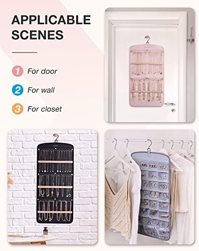 BAGSMART Hanging Jewelry Organizer, Necklace Holder Anti-tangle Earrings Rings Hanger with 10 Jewelry Bags Travel Storage Roll with Pockets Hang on Closet, Wall, Door,1 Piece, Small, Black - Image 6