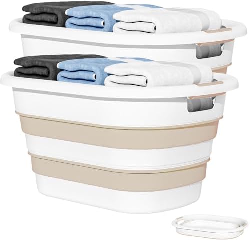 OOAMBB 43L(11.5Gallon) Collapsible Plastic Laundry Baskets (Beige, 2 Packs) by OOAMBB