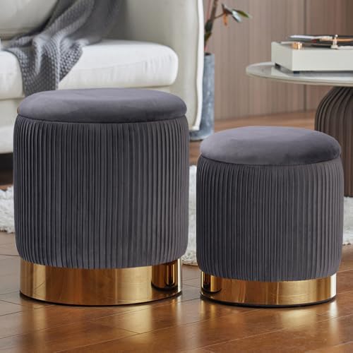 Round Ottoman with Storage Set of 2 Gray Velvet Vanity Stool by YYWHOME