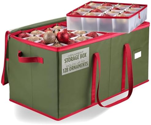 Christmas Ornament Storage - Stores up to 128 Holiday Ornaments, Adjustable Dividers, Zippered Top, Two Handles. Attractive Storage Box Keeps Holiday Decorations Clean and Dry for Next Season (Green) by Handy+Laundry