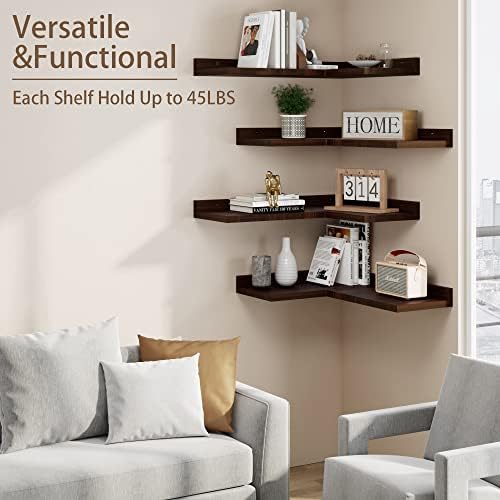 4 Tier Floating Corner Shelves Set of 4, Rustic Pine Wooden Floating Corner Wall Shelf for Wall Décor Storage, L Shaped Corner Shelf Wall Mount For Bedroom, Living Room, Bathroom, Kitchen, Red Brown. - Image 3