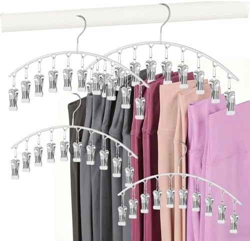 Legging Hangers for Closet Organizer, Hat Hangers for Closet 4 Pack with 10 Clips Holds 40 Leggings, Legging Hanger, Pants Storage Organizer Suitable for Socks, Panties, Underwear, Pants (4-White) by Arkeiliy