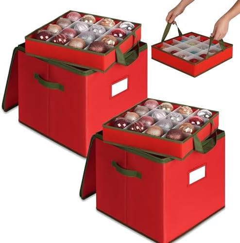 2 Pack Christmas Ornament Storage Box, Ornament Storage Include 8 Trays with Adjustable Dividers, Ornament Organizer with Handle Store Up to 128 Holiday Ornaments, Red by Merkisa