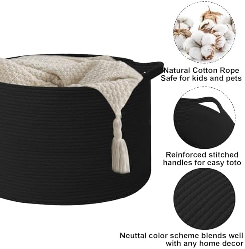 65L Large Blanket Basket,Woven Rope Laundry Basket-Black - Image 3