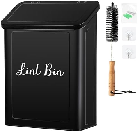 Metal Magnetic Lint Bin for Laundry Room, Wall Mounted Laundry Lint Bin with Lid & Lint Brush, Modern Farmhouse Laundry Room Decor by CANDCO