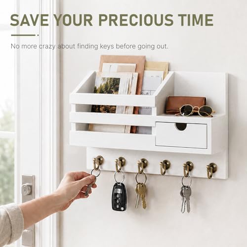 FifthQuarter Key and Mail Holder Wall Mount with Drawer and 6 Sturdy Hooks - Image 6