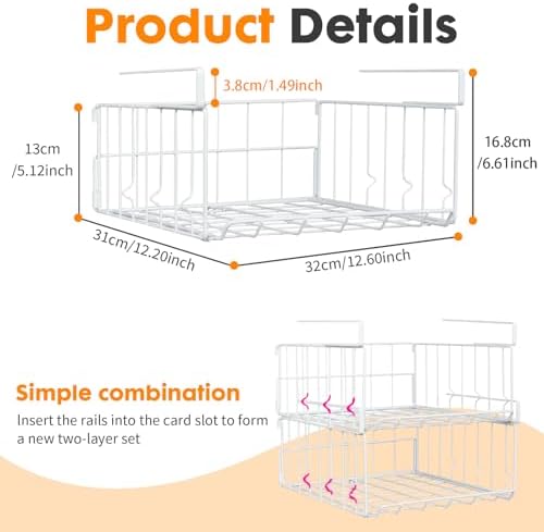 Under Shelf Basket Storage, Steel Under Shelf Hanging Wire Baskets Shelves for Laundry Room Kitchen Desk Pantry Bookshelf (White, 2 Pack) - Image 6