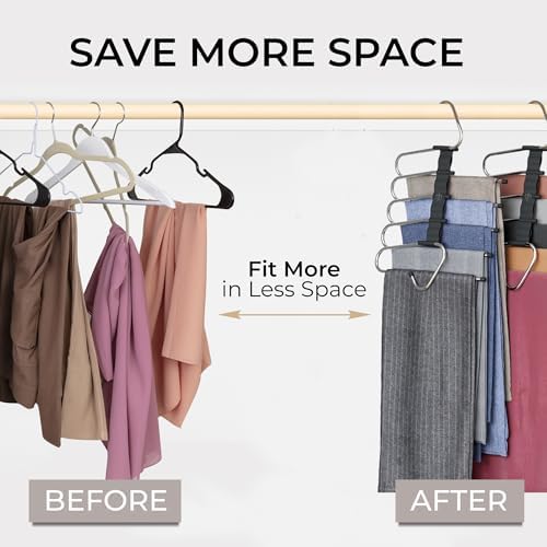 MORALVE Pants Hangers Space Saving - 4 Pack - Non-Slip Multi-Layer Space Saving Hangers - Multifunctional Clothing Rack for Closet Storage - Ideal for Jeans, Trousers, Skirts, Scarves & Slacks (Black) - Image 2
