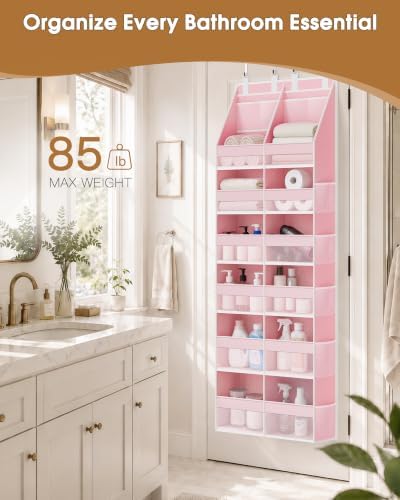 Criusia Over the Door Organizer, Extra Large 12 Compartments Closet Hanging Storage with 14 Mesh Pockets, 85lbs Capacity Behind the Door Storage for Baby Nursery, Bathroom, Bedroom, and Dorm, Pink - Image 6