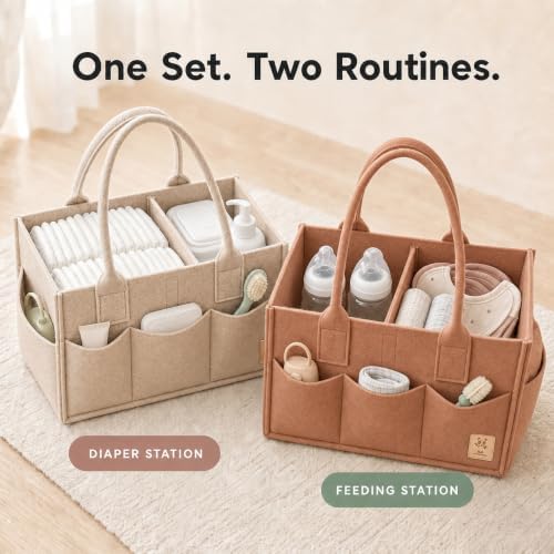 HIPHOP PANDA 2-Pack Diaper Caddy Organizer - Nursery Storage Bin & Car Organizer for Diapers, Wipes, and Baby Essentials - Dual-Color Solid Set (Caramel/Oatmeal), Regular Size - Image 2