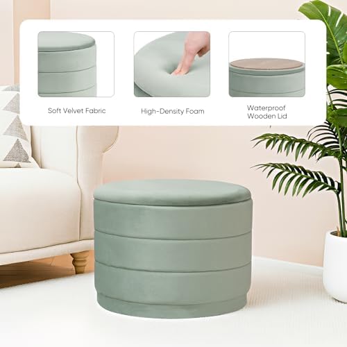 Round Storage Ottoman, 22.8" Velvet Footstool, Sage Green - Image 5