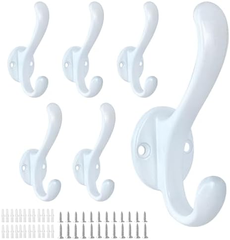 6 Pack Coat Hooks Wall Mount Heavy Duty Utility Retro Double Hooks for Hanging Coats,Hat, Towel, Key, Robe, Scarf, Bag, Cap (White) by PEOIAOY