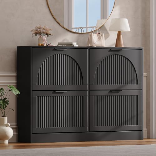 Fluted Shoe Storage Cabinet for Entryway, 4 Flip Drawers, Black by BOXACTION