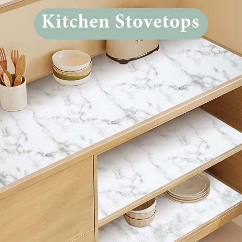 Drawer and Shelf Liner for Kitchen Cabinet: 12 in X 30 Ft Non Slip Waterproof Shelf Paper Non Adhesive Refrigerator Liners White Marble Easy Liners for Bathroom Cupboard with Knife Tape Measure - Image 6
