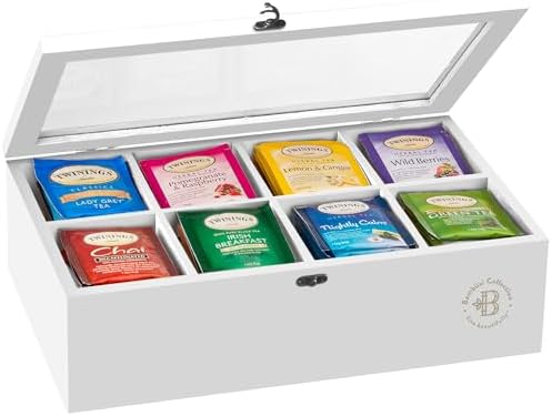Tea Bag Organizer with Drawer - Bamboo Tea Box Organizer, 8-Compartment Tea Storage Box with Acrylic Lid and Magnetic Closure, Tea Box for Kitchen Counter, Gifts for Mom, Wife, Tea Lovers (White) by Bamb%C3%BCsi