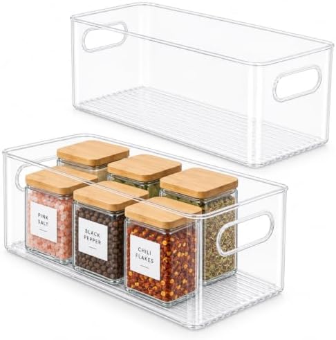 Plastic Food Storage 2 Pack Clear Container Bin with Handles for Organizing Kitchen, Pantry, Refrigerator, Freezer, Pantry, Cabinet, Closet, Bathroom. 12”x6”x5” by primebox
