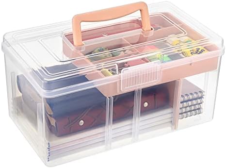 BTSKY 2 Layer Clear Plastic Dividing Storage Box with Removable Tray Multipurpose Stationery Storage Box with Handle Portable Sewing Boxes Art Craft Supply Organizer Home Utility Box(Big Pink) by BTSKY