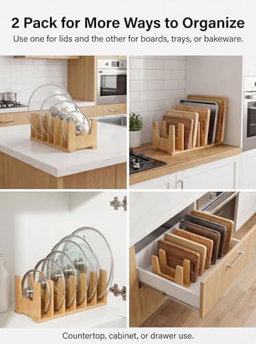 2 Pack Bamboo Pot Lid Organizer for Drawer & Cabinet, 6-Slot Lid Holder - Image 5