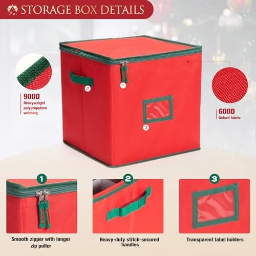 Christmas Ornament Storage Box Containers Holiday Decoration Organizer, Christmas Ball Accessories Holder with Adjustable Dividers, 4 Removable Trays, Zippered Closure, 600D Oxford 13x13x13.39 - Image 4