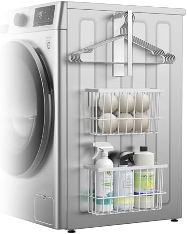 Laundry Room Organization and Storage Magnetic Dryer Ball Holder with Magnetic Hanger Holder, Magnetic Lint Bin for Washer Dryer, Iron Basket Dryer Ball Container, Magnetic Laundry Organizer (White) by Unknown