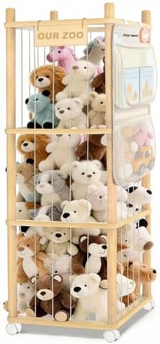 Large Stuffed Animal Storage, Wood Stuffed Animal Zoo with Brake Wheels and Hanging Storage Net, Space Save Toy Organizer, Large Capacity Stuffed Animal Holder, Perfect for Nursery Playroom Kidroom by Unknown