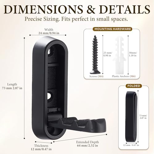 Folding Wall Hooks, 4 Pack Black Heavy Duty Coat Hooks, Screw Mounted - Image 2
