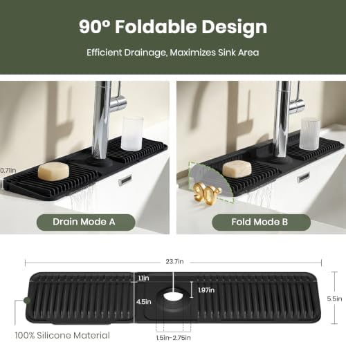 2PCS 24 Inch Faucet Mat for Kitchen Sink, Silicone Splash Guard for Kitchen Sink Area, 7° Slope Fast Self-Draining Sink Mat, Cuttable Hole Design, Sink Backsplash Guard Draining Mat, Black - Image 4