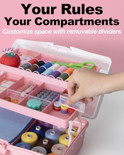 TERGOO 12in 3-Layer Plastic Craft Organizers and Storage, Portable Folding Tackle Box with Handle & Adjustable Dividers, Multipurpose Case for Sewing, Art Supplies, Medicine, Tools (White Pink) - Image 4
