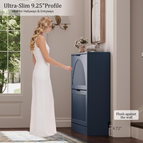Fluted Shoe Storage Cabinet for Entryway, 2 Flip Drawers, Blue - Image 4
