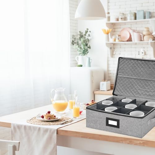 Coffee Mug Storage Box with Dividers, Durable China Storage Containers for Coffee Mugs, Tea Cups Storage Organizer with Lid, Handles, Label Window, Holds 12 Mugs, Hard Shell and Stackable (Grey) - Image 2
