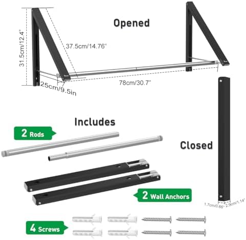 Retractable Clothes Rack - Wall Mounted Folding Clothes Hanger Drying Rack for Laundry Room Closet Storage Organization, Aluminum, 2 Racks with Rod (Black) - Image 5