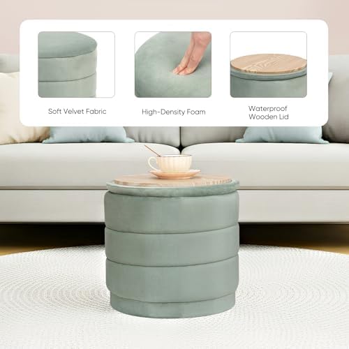 Round Storage Ottoman, 15.4" Velvet Footstool, Sage Green - Image 5