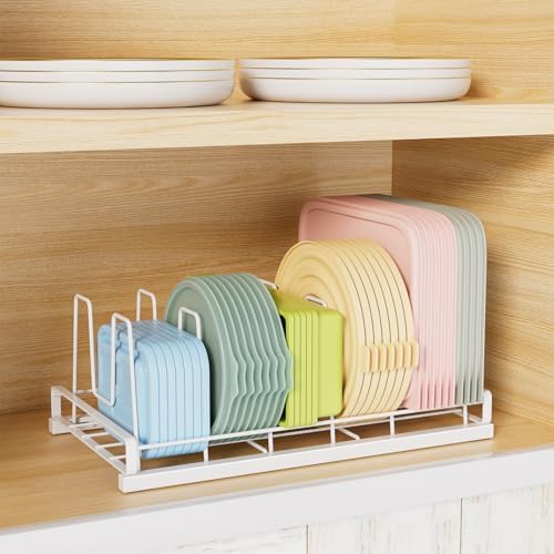 Food Container Lid Organizer Rack with Adjustable 6 Dividers, White - Image 2