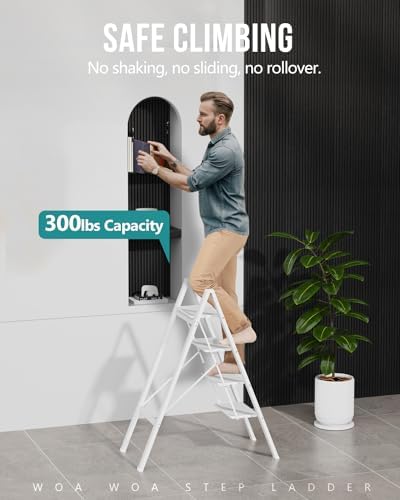 WOA WOA 4 Step Ladder, Foldable Step Stool, 300lbs Load, White - Image 3