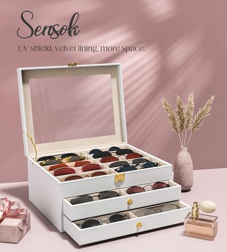 Sunglasses Organizer Storage Box - 30 Slots Eyeglass Display Case for Multiple Pair Glasses, 3-Layer Holder with Clear Glass Lid, Jewelry and Watch Collection Box for Women and Men, White - Image 3