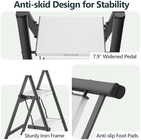 WOA WOA 2 Step Ladder, Foldable Step Stool, 300lbs Load, Black & White - Image 6
