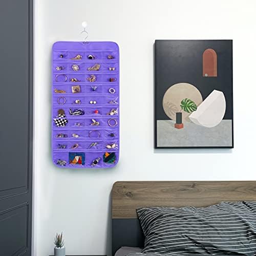 Bloss Hanging Jewelry Organizer, 80 Pockets Dual Sides Wall Jewelry Organizer Storage Dorm Room Essentials for Girls Necklace Organize And Earring Holder Hang on Closet/Door (Purple) - Image 2