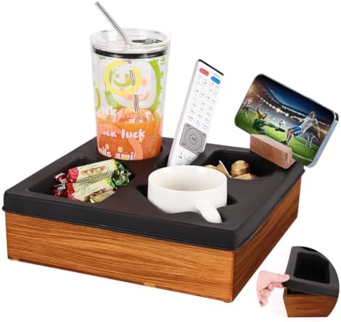 Couch Cup Holder Tray, Silicone Acacia Wooden Couch Caddy with Cup Holder for Snacks, Drinks, Remotes, Waterproof Cup Holder for Couch, Organizer, Movie Night Snack Trays by ducafaery