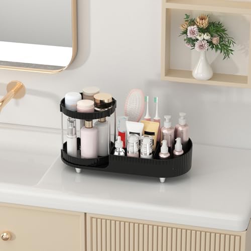 Makeup Organizer Countertop for Vanity with 2 Rotating Perfume Trays, 5-Compartment Skincare Organizers and Make Up Desk Storage, Cosmetic Organizer with Brush Holder for Bedroom Bathroom Counter - Image 4
