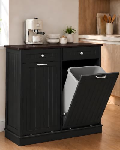 Betterhood 2 x 13 Gallon Tilt Out Trash Cabinet with 2 Big Storage Drawer, Solid Wooden Trash Garbage Can Cabinet, Mid-Century Modern Recycling Cabinet & Laundry Sorter for Kitchen Dining Room, Black by Betterhood