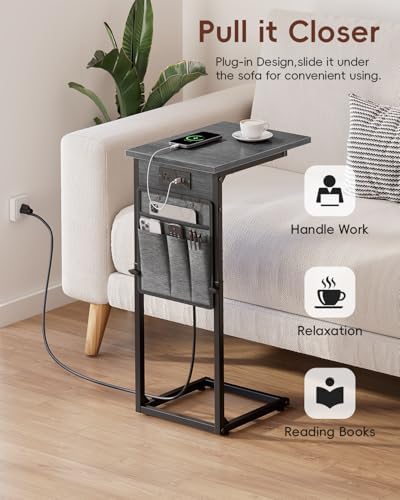 Vagusicc C Shaped End Table with Charging Station, C Table End Table Adjustable Height, Small Side Table for Couch, Sofa Table Slide Under Couch TV Tray Arm Table for Living Room, Bedroom, Gray Walnut - Image 7