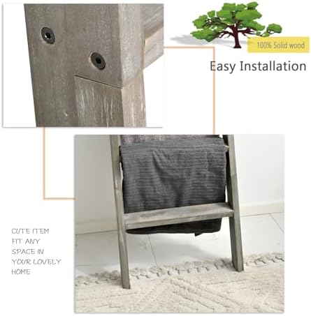 FUIN Blanket Ladder, 5ft Rectangle Rung Rustic Solid Wood Decor Rack, Grey - Image 6