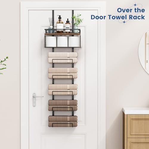 Aetyord Towel Racks for Bathroom Over The Door Towel Racks Towel Storage Organizer with Metal Shelf Basket for Bathroom Rv Camper (7-Tier Black with Brown Plank) - Image 3