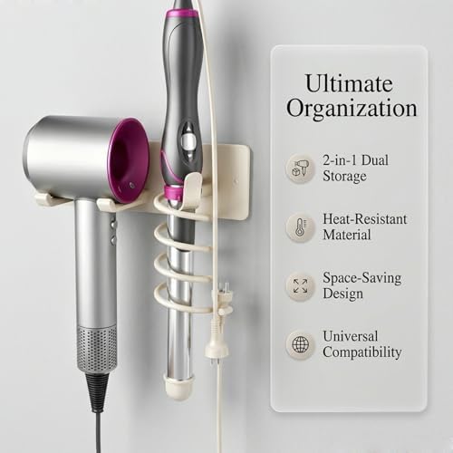2-in-1 Wall Mount Hair Tool Organizer Hair Dryer Holder, White - Image 2