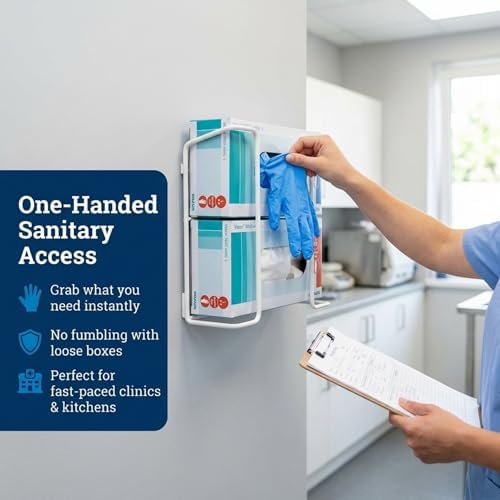Glove Box Holder Wall Mount Dispenser for 2 Boxes, Powder Coated Metal Rack for Disposable Gloves and Tissue, Organizer for Kitchen, Lab, Garage, Hardware Included, White - Safety Supply Mart - Image 3