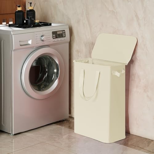 efluky Slim Laundry Basket with Lid, Narrow Laundry Hamper with Handles, Collapsible Dirty Clothes Hamper, Tall Laundry Bin for Laundry Room, Dorm and Bedroom, 55L Beige - Image 7